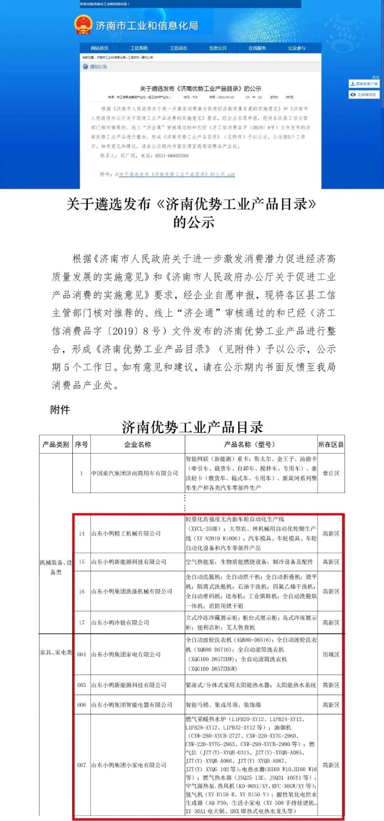 山東小鴨集團家電有限公司入選《濟南市優(yōu)勢工業(yè)產品目錄》